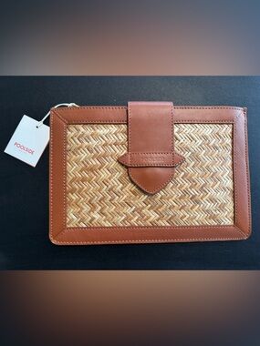Poolside Woven Straw & Brown Leather Clutch NWT